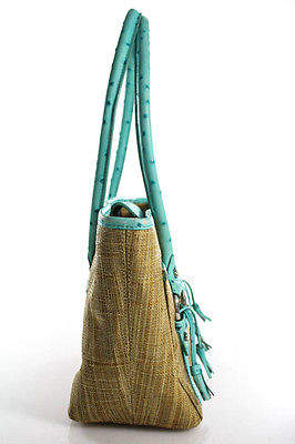 Elaine Turner Designs Teal Beige Straw Leather Sahoulder Handbag