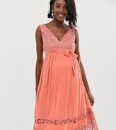 Thumbnail for your product : Little Mistress Maternity contrast lace full prom midi skater dress in coral