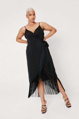 Nasty Gal Womens Plus Size Fringe Trim Satin Wrap Maxi Dress - Black - 28