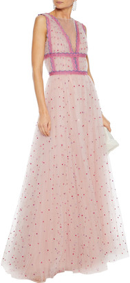 Costarellos Lace-trimmed Gathered Embroidered Tulle Gown
