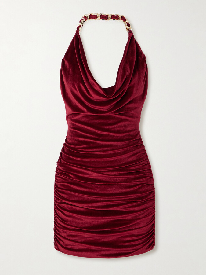 Balmain - Chain-embellished Draped Velvet Mini Dress - Burgundy