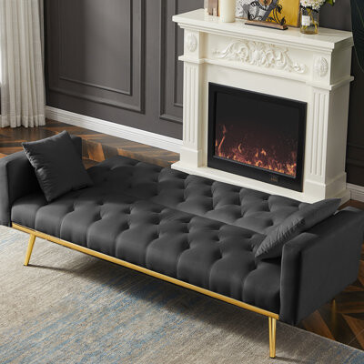 Ebern Designs Convertible Black Futon Bed For Compact Living, Back, Velvet Upholstery, 3 Adjustable Settings, Metal Legs, Simple Assembly Couch, , Multi-Purpose Hom