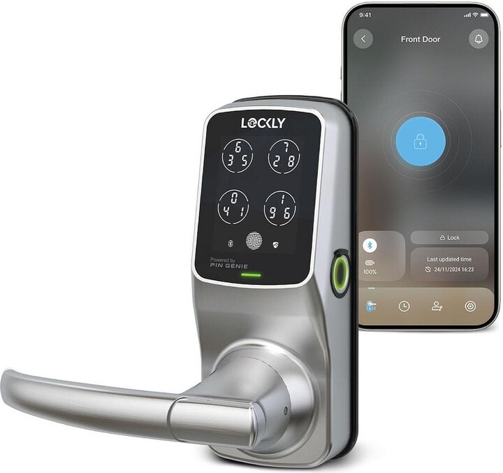 Lockly Secure Plus Satin Nickel Spring-Loaded Latchbolt Smart Lock With Lever Door Handleset, Fingerprint, Keypad, Bluetooth