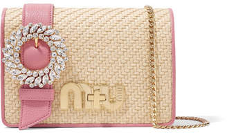 Miu Miu My Miu Crystal-embellished Textured-leather And Raffia Shoulder Bag