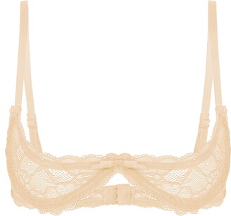 Womens Sheer Lace Open Cup Bra Adjustable Spaghetti Shoulder Straps 1/4  Cups See Through Push Up Underwire Bra Tops