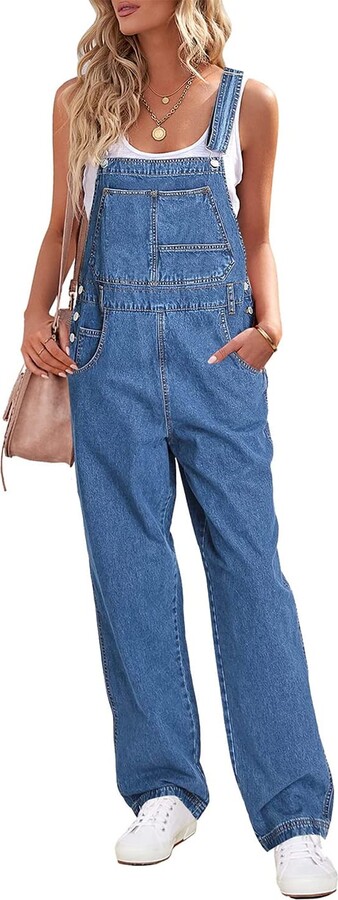 APAFES Women's Fashion Denim Bib Overalls Loose Adjustable Sleeveless  Jumpsuits Jeans Pants Romper(0435-Blue-S) - ShopStyle