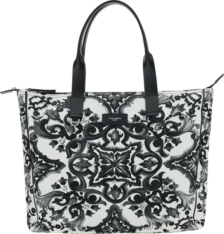 Dolce & Gabbana Black Tote Bag With Top Zip Closure And All-over Print In Tech Fabric Man