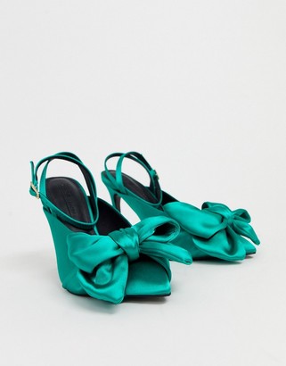 ASOS DESIGN Wide Fit Poetry pointed high heel mules with bow in green satin