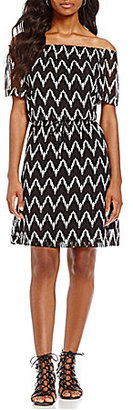 Jones New York Off-The-Shoulder Chevron Stripe Drawstring Waist Dress