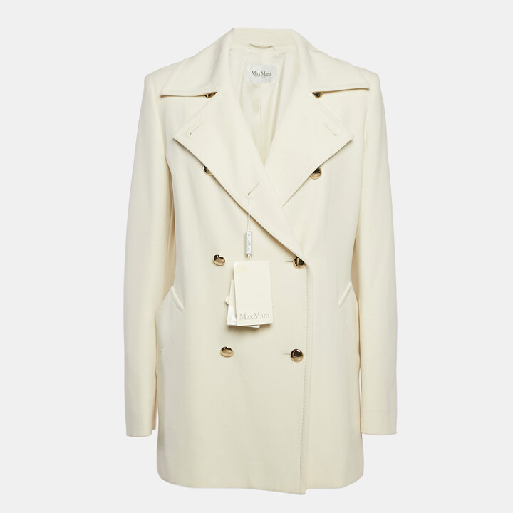 Max Mara Ivory Wool Double Breasted Rebus Coat L