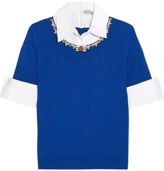 Mary Katrantzou Ella Embellished Cotton Poplin-trimmed Merino Wool Sweater - Bright blue