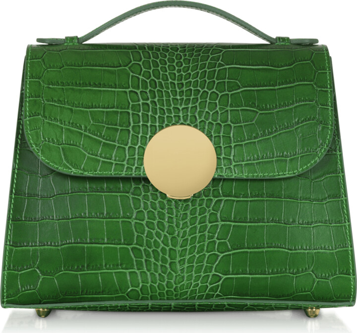 Le Parmentier Bombo Croco Embossed Leather Top-Handle Satchel Bag W/Strap - Green