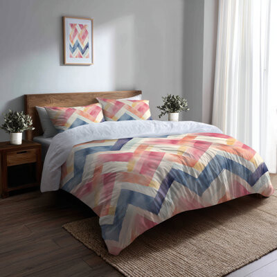 Kids Geometric Bedding Set 3 Pcs - Soft Soft Zigzags Duvet Cover And Throw Pillow Set
