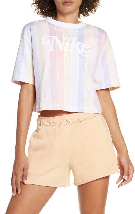 nike white crop top with striped sleeves
