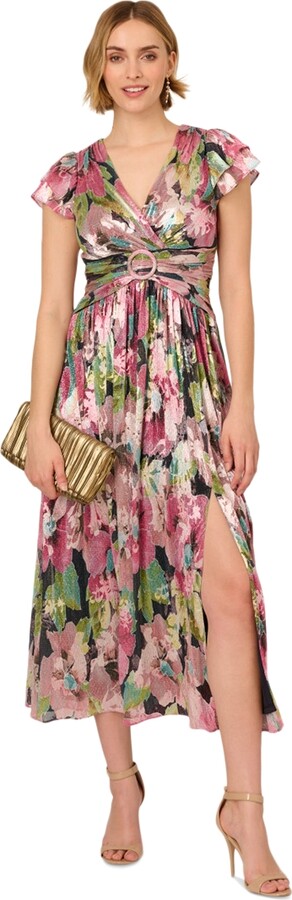 Adrianna Papell Women's Floral Metallic Crinkle Gown - Navy/Pink Multi