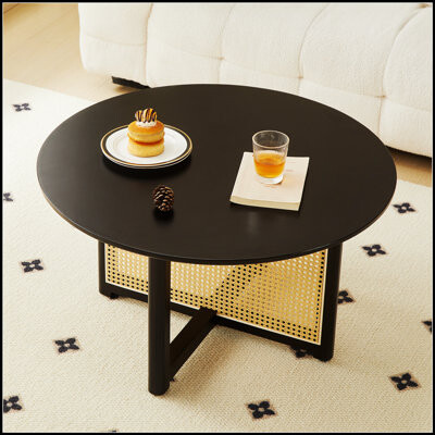 Bay Isle Home Mid-century wooden coffee table with PE cane stand, 31.5-inch round solid wood Bohemian style, unique central cocktail table for living rooms, apartme