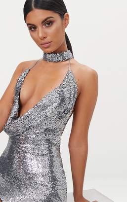 PrettyLittleThing Silver Cowl Neck Chain Detail Bodycon Dress