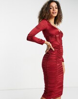 Thumbnail for your product : ASOS DESIGN satin ruched midi dress with mesh corset detail in berry