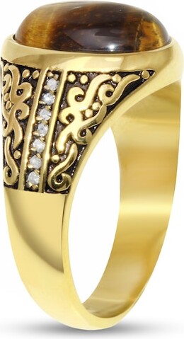 Zales Oval Lab-Created Tiger's Eye and 1/10 CT. T.w. Black Diamond Signet Ring in Stainless Steel with Yellow Ion Plate