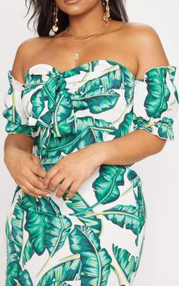 PrettyLittleThing Plus White Tropical Print Bardot Shift Dress