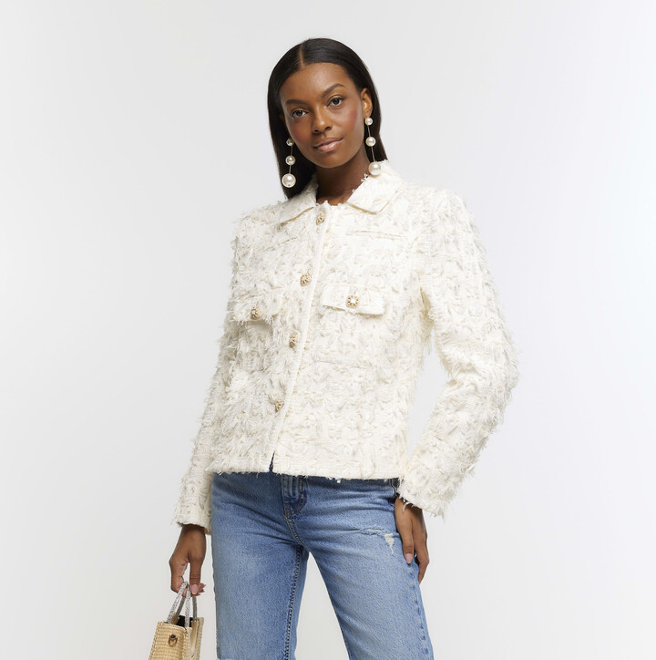 River Island Womens Cream Textured Crop Trophy Jacket ShopStyle