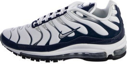 Nike Air Max 97 Plus White Navy Low Top Athletic Sneakers White Leather Colorblock Pattern Round-Toes Platform Lace-Up Closure at Uppers Unfortunately, due to restrictions, this item may not be eligible for shipping in all areas.