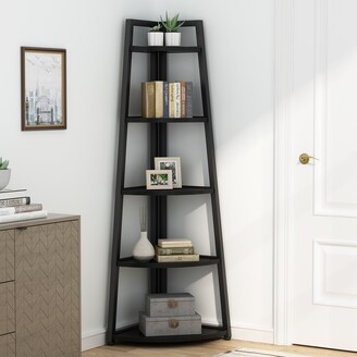 Cappuccino Finish Wood Wall Corner 5-Tier Bookshelf Bookcase Accent Etagere 