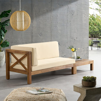 Hokku Designs X-Back Corner Bench with Coffee Table Outdoor Wooden Patio Sofa with Cushions for Garden or Porch