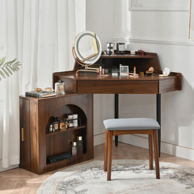 Vanity Desk, Corner Makeup Vanity Desk With Mirror & LED Lights, Modern Vanity Set With Mirror And Stool, Dressing Table With Large Storage For Small