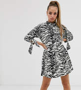 Thumbnail for your product : ASOS Petite DESIGN Petite grandad collar button through mini smock dress with tie sleeve in mono zebra