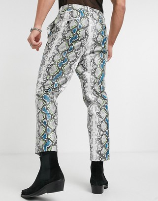 ASOS EDITION tapered trousers in grey faux leather with snake print and neon