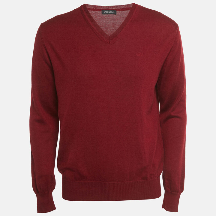 Valentino Burgundy Logo Embroidered Wool Blend V-Neck Jumper L