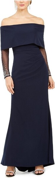 Vince Camuto VinceCamutoWomensRhinestoneSleeveOff-ShoulderGownDressnavy6