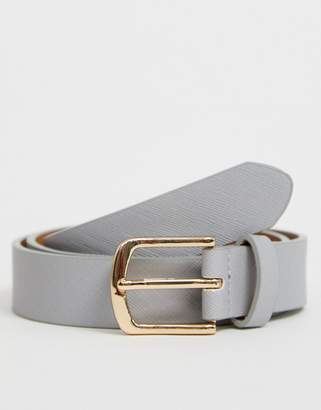 ASOS Design DESIGN Wedding faux leather slim belt in grey with gold buckle