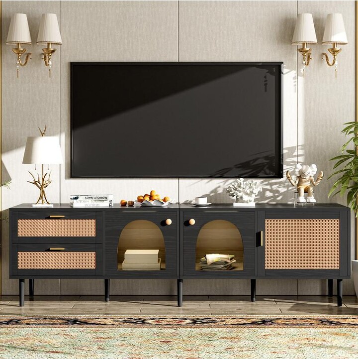 Sumyeg Casainc Rattan Tv Stand with 3 Cabinets & 2 Drawers Media Console Table for TVs up to 80\