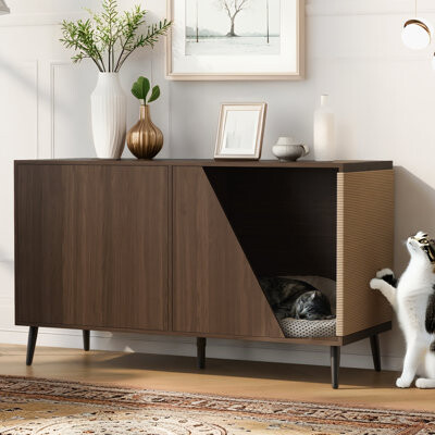 Corrigan Studio Furniture Style 2 In 1 Mid-Century Modern Walnut Cabinet Side Table Design With Spring-Loaded Door Storage