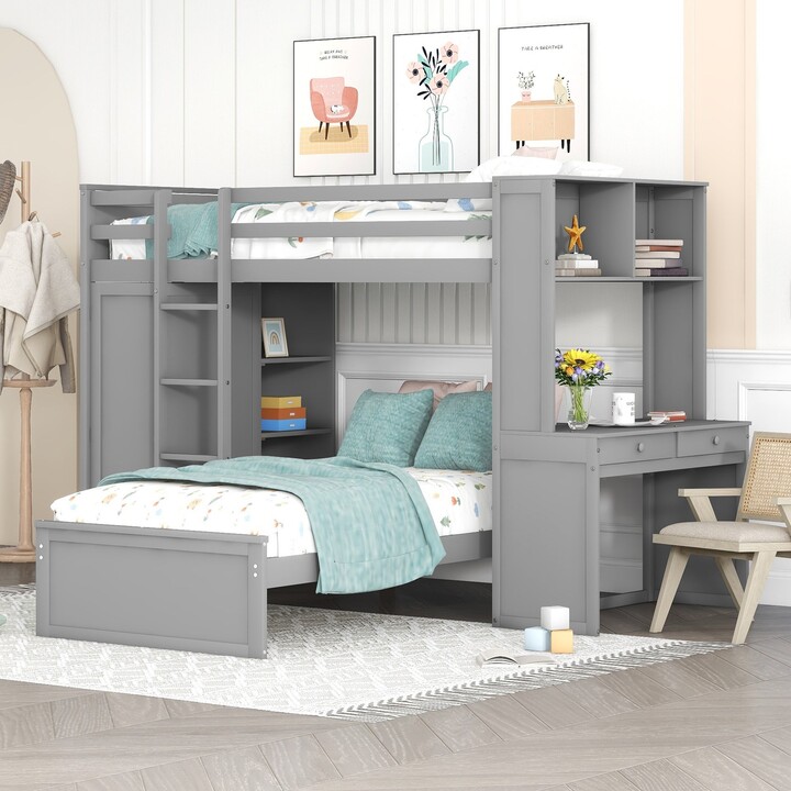 GEROJO Gray Twin Loft Bed with StandAlone Bed, Desk, Shelves, and