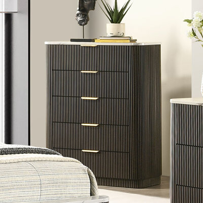 Latitude Run Contemporary Style 1pc Chest Artificial Marble Top Metal Side Glide Plinth Base Dark Walnut Finish Bedroom Furniture