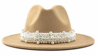 GEMVIE Women's Vintage Pearl Band Fedora Hat Classic Wide Brim Trilby Panama Hat Jazz Cap US 7 3/8 Pink