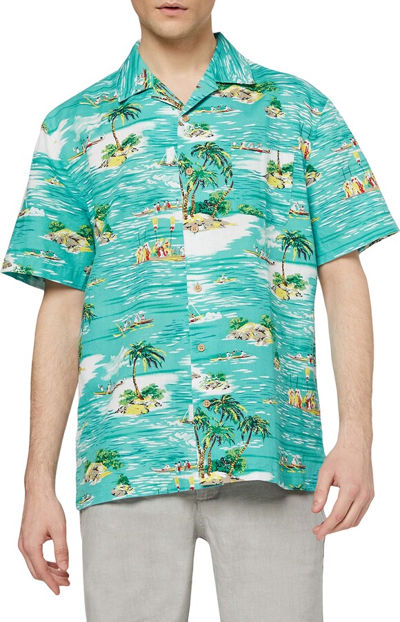 Mens Tropical Hawaiin Print Shirt Short Sleeve Chest Pocket Relax Fit Vintage Washed 
