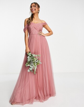 ASOS DESIGN Bridesmaid off shoulder tulle maxi dress with tie back and pleated skirt in rose