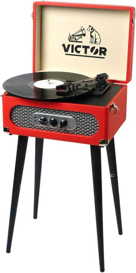Victor Andover Music Center with Bluetooth Record Player Turntable, FM Radio, Built-in Stereo Speakers, Chair Height Legs, Red