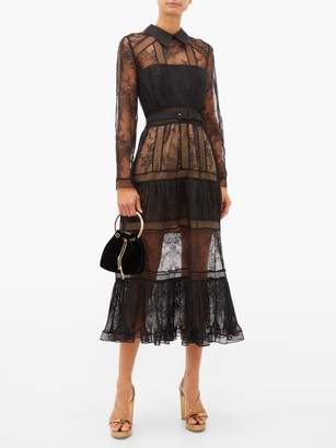 Self-Portrait Point Collar Lace-insert Tiered Dress - Womens - Black
