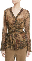 Thumbnail for your product : Brunello Cucinelli Long-Sleeve Botanical-Print Wrap-Waist Silk Top