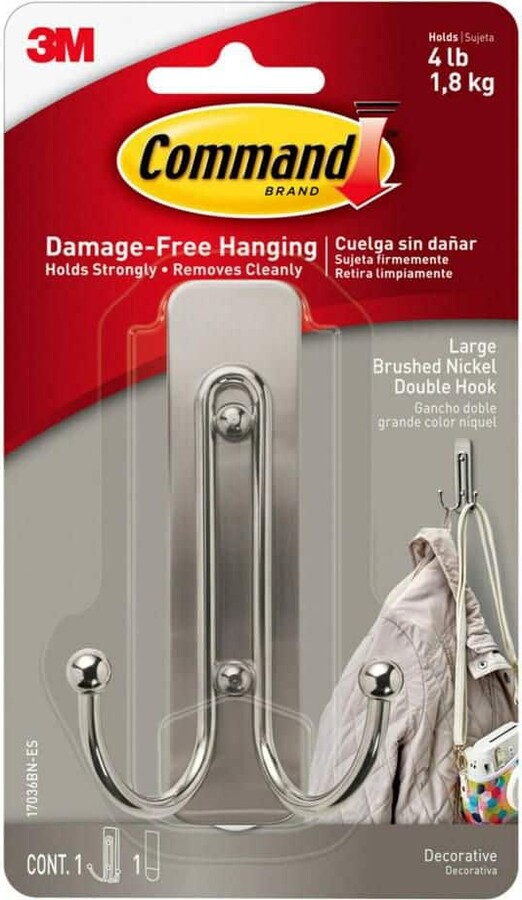 Command Large Double Wall Hooks, Brushed Nickel, Damage Free Decorating, 1 Hook