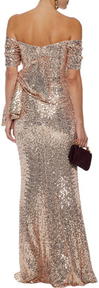 Badgley Mischka Off-the-shoulder Ruched Sequined Tulle Gown