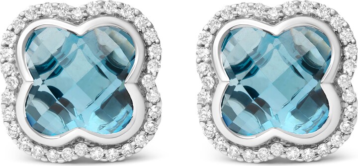 Haus of Brilliance 18K Gold 3/8 Cttw Diamond & London Blue Topaz Gemstone Halo Clover Stud Earrings
