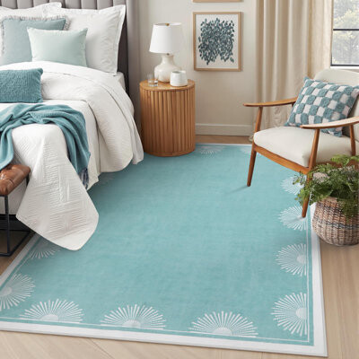 Ebern Designs Modern Washable Bedroom Rugs Low Pile Soft Rug for Living Room Aqua Sun Printed Dining Room Rugs for Under Table Throw Carpets for Nursery Kids