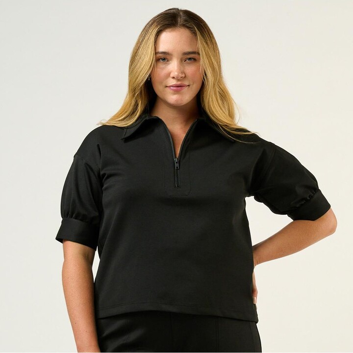 Estelle Plus Size Jolene Ponte Collared Zip-Up Short Sleeve Top