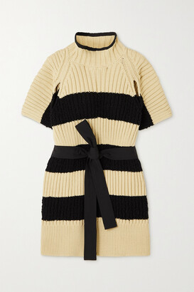 MONCLER GENIUS Belted Striped Ribbed Cotton-blend Poncho - Ivory